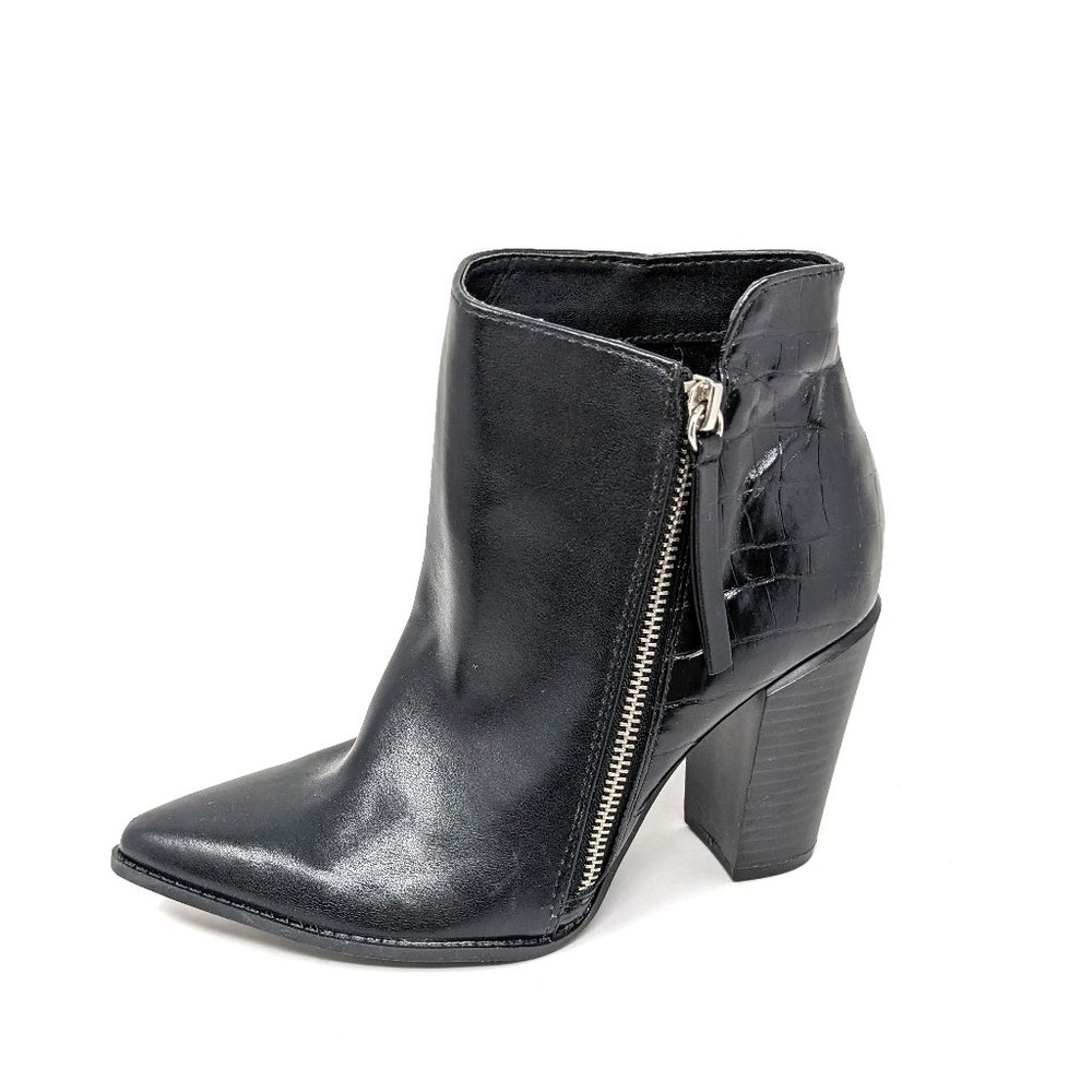 Qupid Black Leather Block Heel Pointed Toe Ankle … - image 1